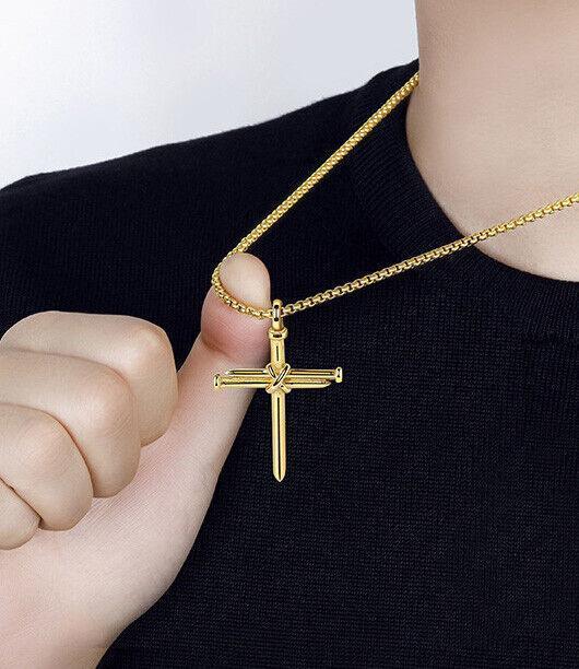 Cross Necklace for Men Nail Gold Pendant Necklace Chain 24 inch Stainless Steel