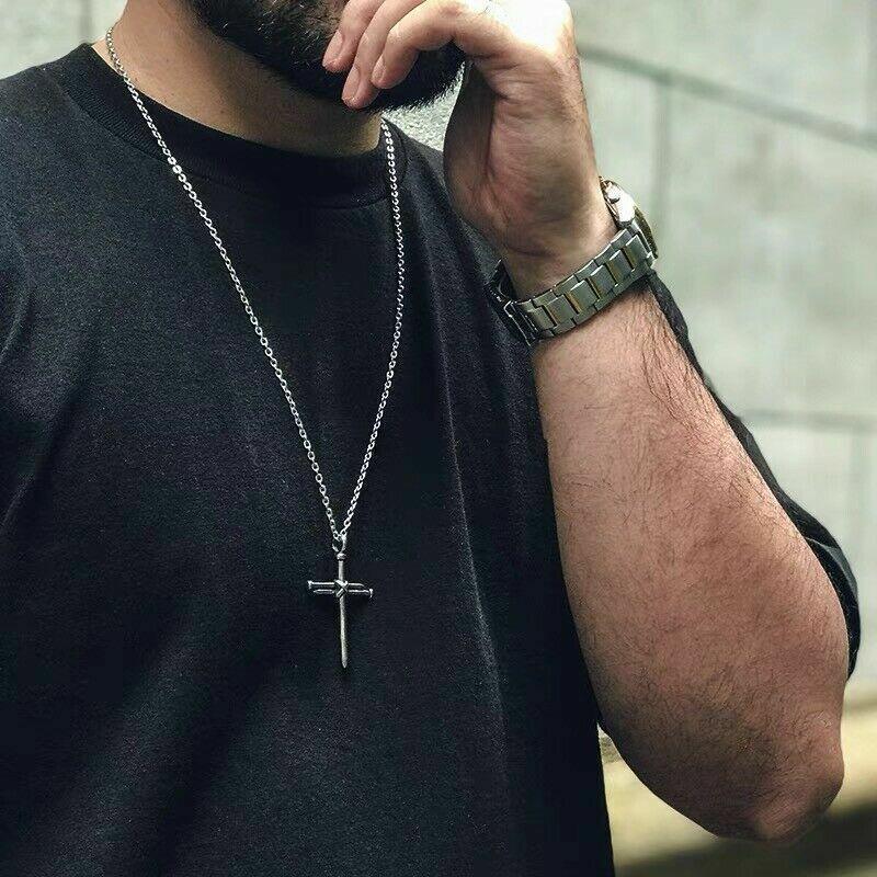 Cross Necklace for Men Nail Silver Pendant Necklace Chain 24 inch Stainless Steel - Jewelry Store by Erik Rayo
