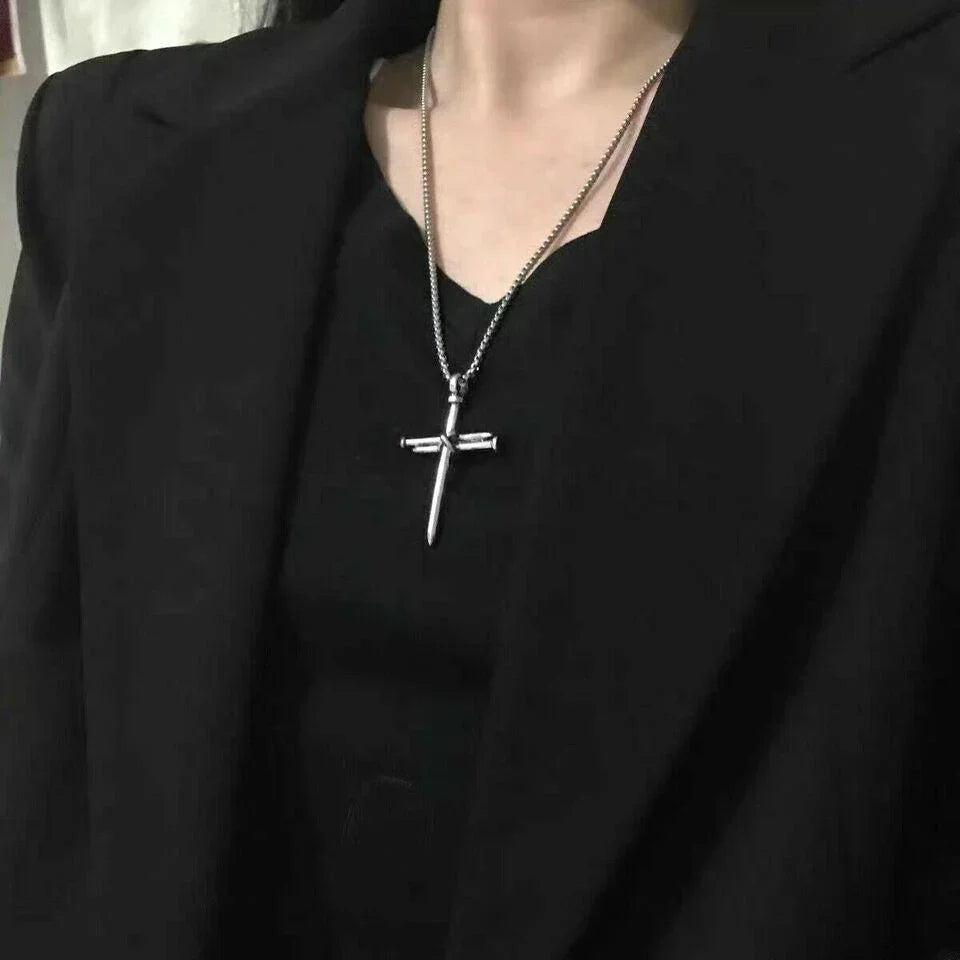 Cross Necklace for Men Nail Silver Pendant Necklace Chain 24 inch Stainless Steel - Jewelry Store by Erik Rayo