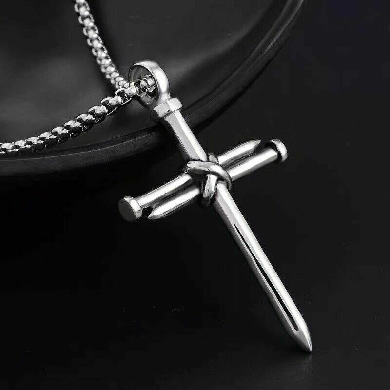 Cross Necklace for Men Nail Silver Pendant Necklace Chain 24 inch Stainless Steel - Jewelry Store by Erik Rayo