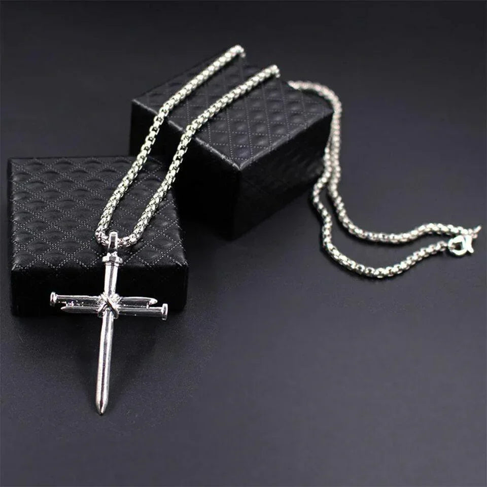 Cross Necklace for Men Nail Silver Pendant Necklace Chain 24 inch Stainless Steel - Jewelry Store by Erik Rayo
