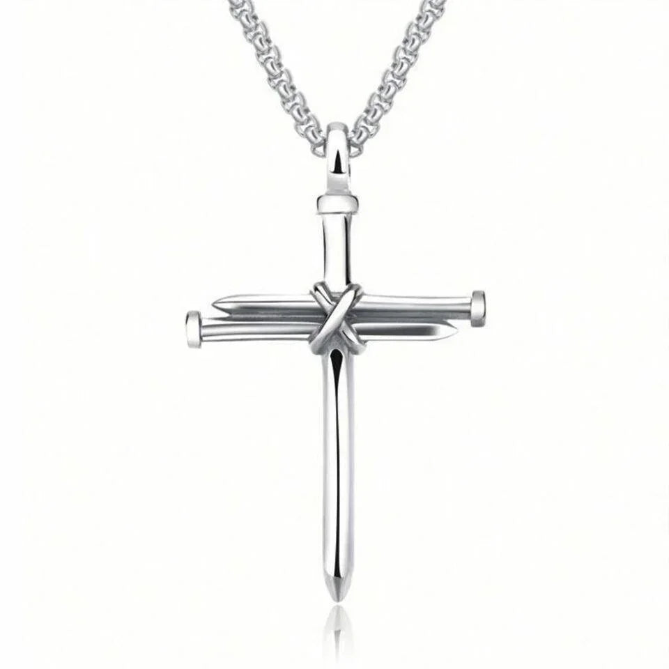Cross Necklace for Men Nail Silver Pendant Necklace Chain 24 inch Stainless Steel - Jewelry Store by Erik Rayo