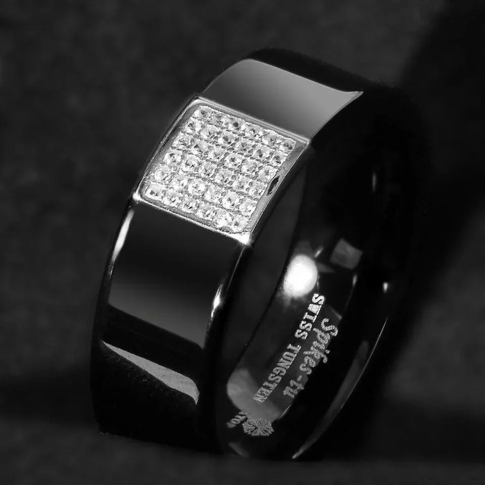 Tungsten Rings for Men Wedding Bands for Him Womens Wedding Bands for Her 8mm Black 925 Silver Inlay 36 Diamonds - Jewelry Store by Erik Rayo