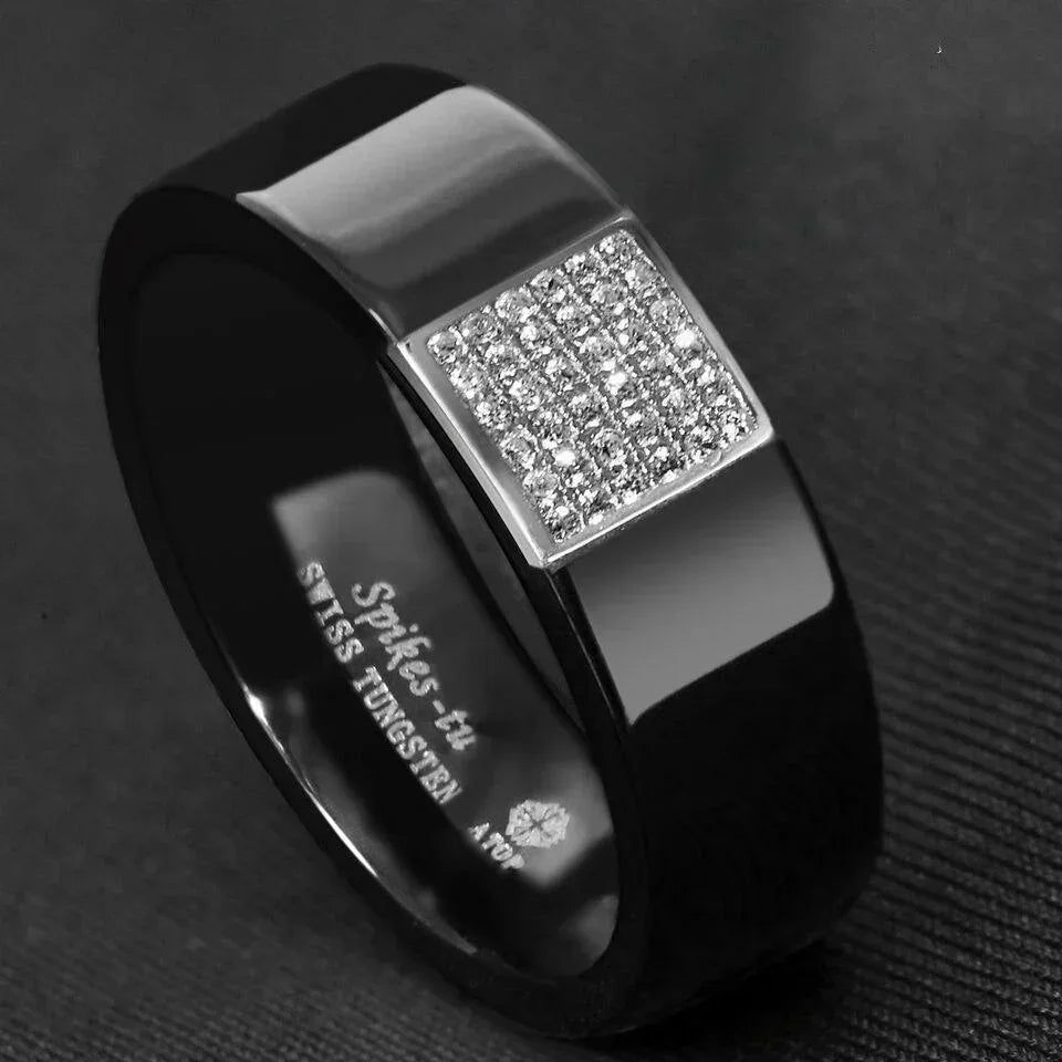 Tungsten Rings for Men Wedding Bands for Him Womens Wedding Bands for Her 8mm Black 925 Silver Inlay 36 Diamonds - Jewelry Store by Erik Rayo