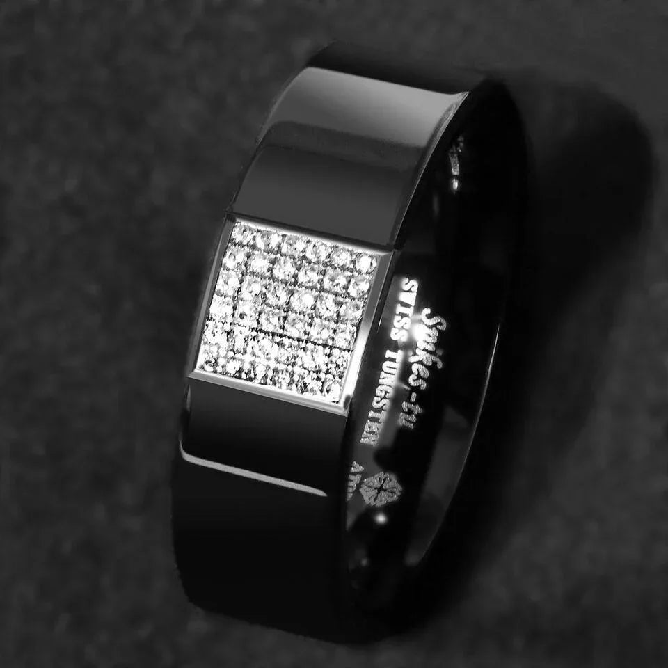Tungsten Rings for Men Wedding Bands for Him Womens Wedding Bands for Her 8mm Black 925 Silver Inlay 36 Diamonds - Jewelry Store by Erik Rayo