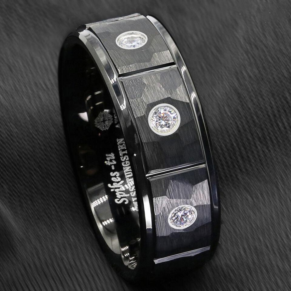 Tungsten Rings for Men Wedding Bands for Him Womens Wedding Bands for Her 8mm Black Brushed Rock Skin 3 Diamonds Inlay - Jewelry Store by Erik Rayo