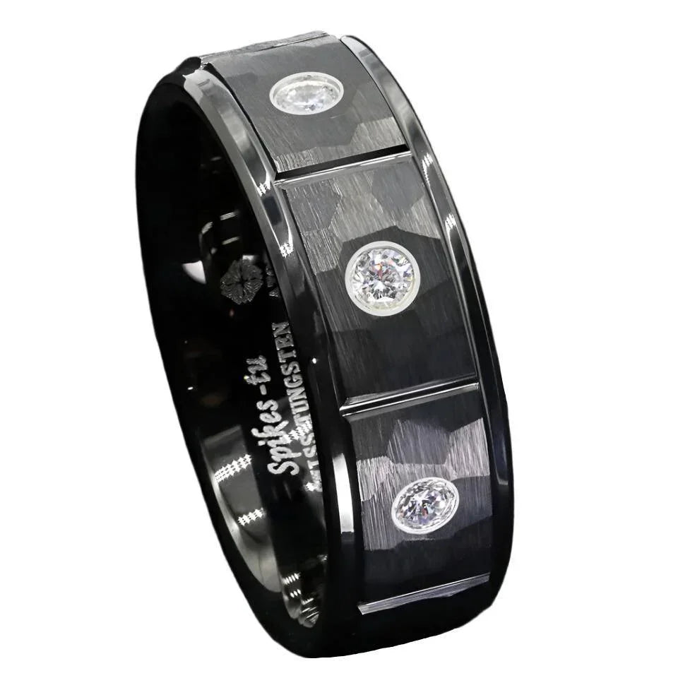 Men’s Wedding Band Ring - Black Brushed Rock Skin with 3 Diamond Inlays - Unique Wedding Rings for Men & Women - Jewelry Store by Erik Rayo