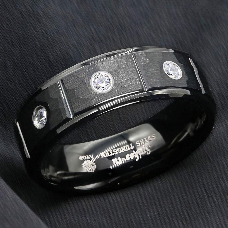 Tungsten Rings for Men Wedding Bands for Him Womens Wedding Bands for Her 8mm Black Brushed Rock Skin 3 Diamonds Inlay - Jewelry Store by Erik Rayo