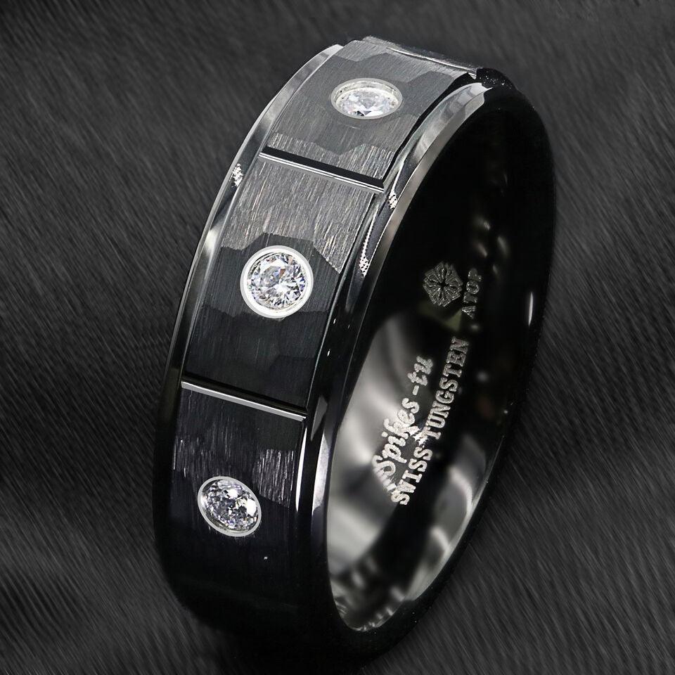 Tungsten Rings for Men Wedding Bands for Him Womens Wedding Bands for Her 8mm Black Brushed Rock Skin 3 Diamonds Inlay - Jewelry Store by Erik Rayo
