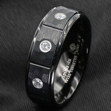 Load image into Gallery viewer, Tungsten Rings for Men Wedding Bands for Him Womens Wedding Bands for Her 8mm Black Brushed Rock Skin 3 Diamonds Inlay
