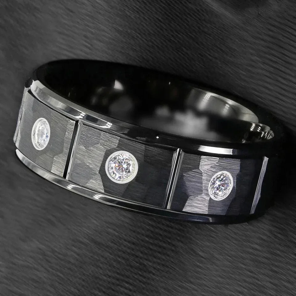 Tungsten Rings for Men Wedding Bands for Him Womens Wedding Bands for Her 8mm Black Brushed Rock Skin 3 Diamonds Inlay - Jewelry Store by Erik Rayo