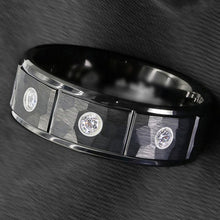 Load image into Gallery viewer, Men&#39;s Black Brushed Wedding Band with 3 Diamond Inlays - Rock Skin Design - Unisex Wedding Ring
