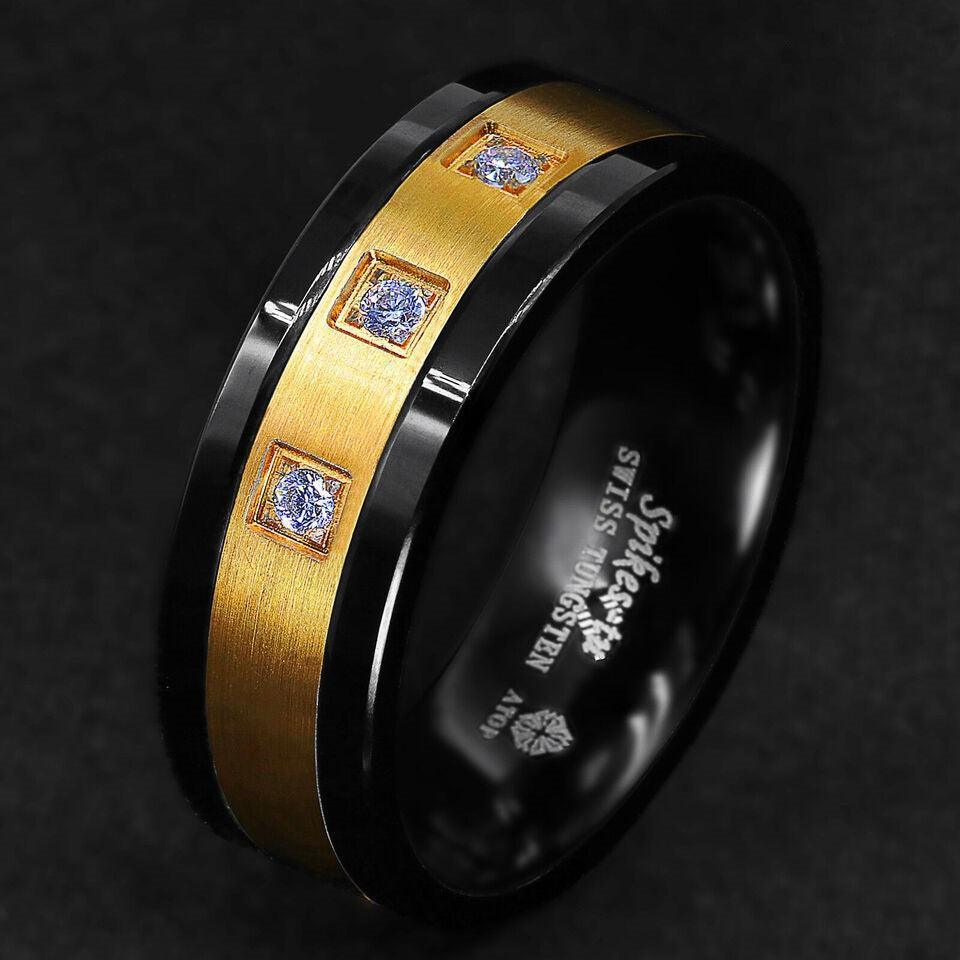 Tungsten Rings for Men Wedding Bands for Him Womens Wedding Bands for Her 8mm Black Brushed 18K Gold Diamonds - Jewelry Store by Erik Rayo