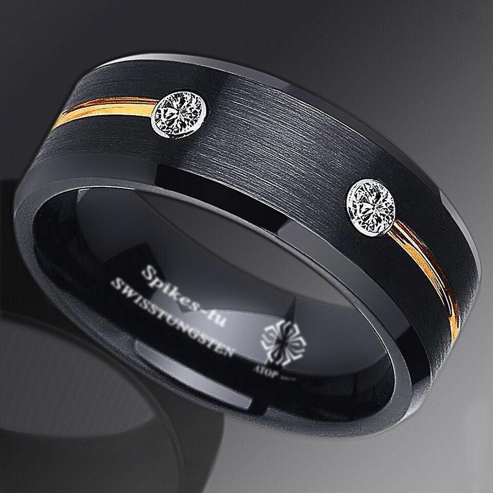 Tungsten Rings for Men Wedding Bands for Him Womens Wedding Bands for Her 8mm Gold Grooved Line Diamond - Jewelry Store by Erik Rayo