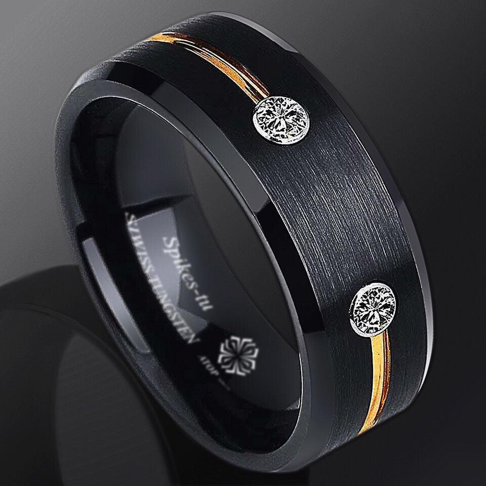 Tungsten Rings for Men Wedding Bands for Him Womens Wedding Bands for Her 8mm Gold Grooved Line Diamond - Jewelry Store by Erik Rayo