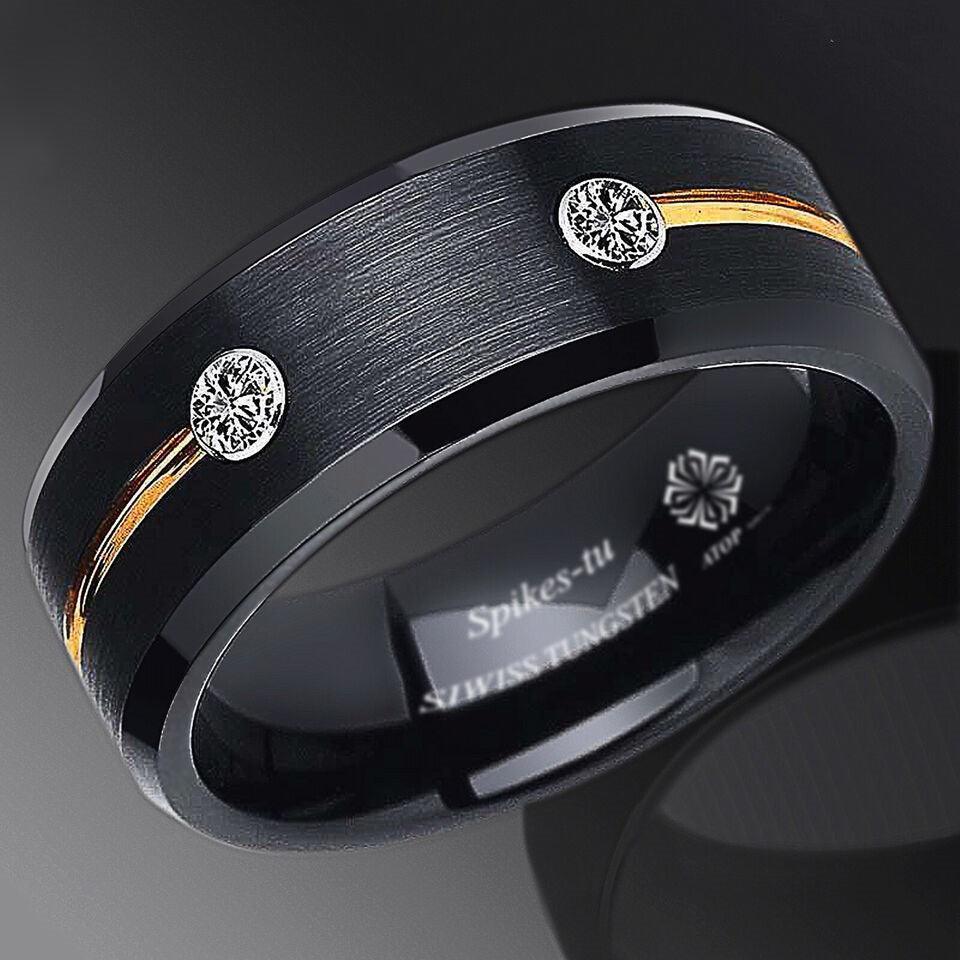 Tungsten Rings for Men Wedding Bands for Him Womens Wedding Bands for Her 8mm Gold Grooved Line Diamond - Jewelry Store by Erik Rayo