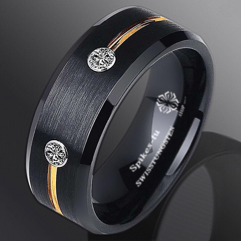 Tungsten Rings for Men Wedding Bands for Him Womens Wedding Bands for Her 8mm Gold Grooved Line Diamond - Jewelry Store by Erik Rayo