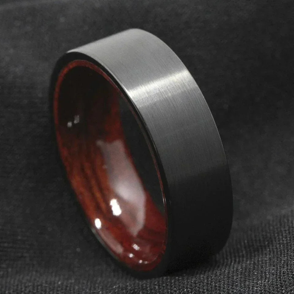 Tungsten Rings for Men Wedding Bands for Him Womens Wedding Bands for Her 8mm Black Brushed Red Sandal Wood Inlay Wedding Band Rings Men's Jewelry - Jewelry Store by Erik Rayo