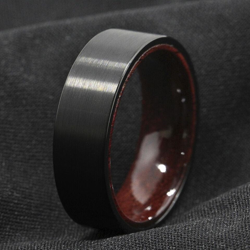 Tungsten Rings for Men Wedding Bands for Him Womens Wedding Bands for Her 8mm Black Brushed Red Sandal Wood Inlay Wedding Band Rings Men's Jewelry - Jewelry Store by Erik Rayo