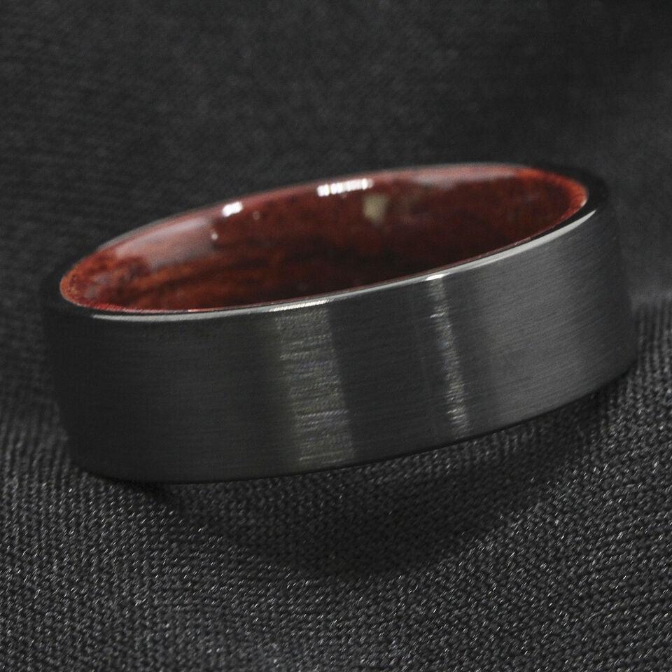 Tungsten Rings for Men Wedding Bands for Him Womens Wedding Bands for Her 8mm Black Brushed Red Sandal Wood Inlay Wedding Band Rings Men's Jewelry - Jewelry Store by Erik Rayo