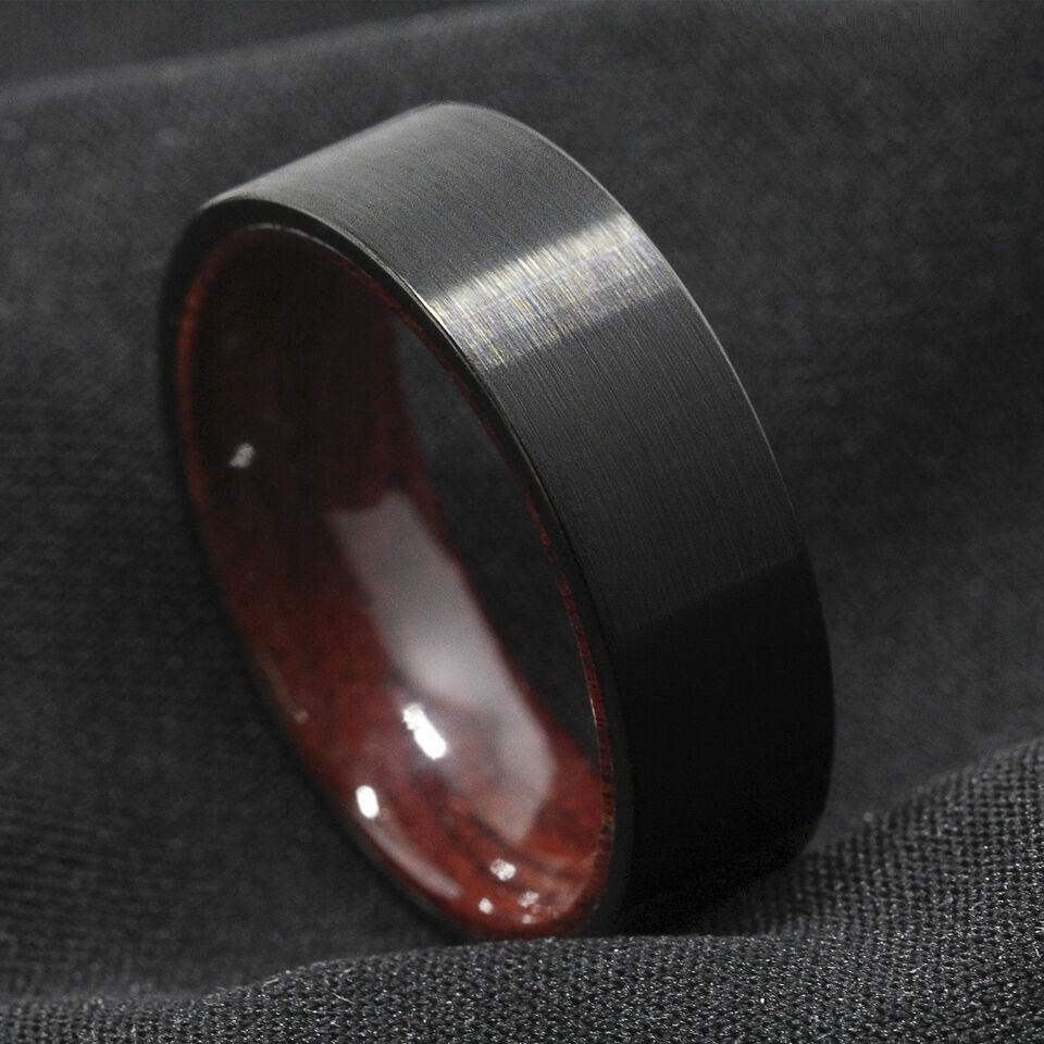 Tungsten Rings for Men Wedding Bands for Him Womens Wedding Bands for Her 8mm Black Brushed Red Sandal Wood Inlay Wedding Band Rings Men's Jewelry - Jewelry Store by Erik Rayo