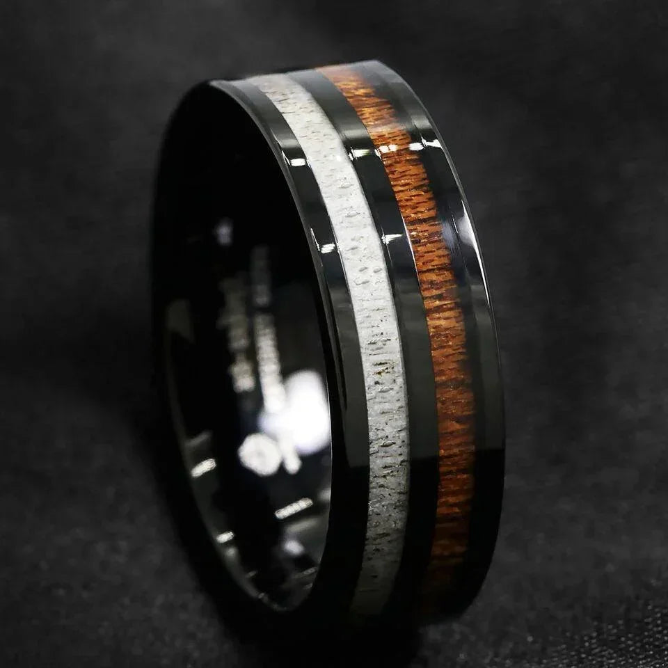 Tungsten Rings for Men Wedding Bands for Him Womens Wedding Bands for Her 8mm Black Antler and Koa Wood Inlay - Jewelry Store by Erik Rayo
