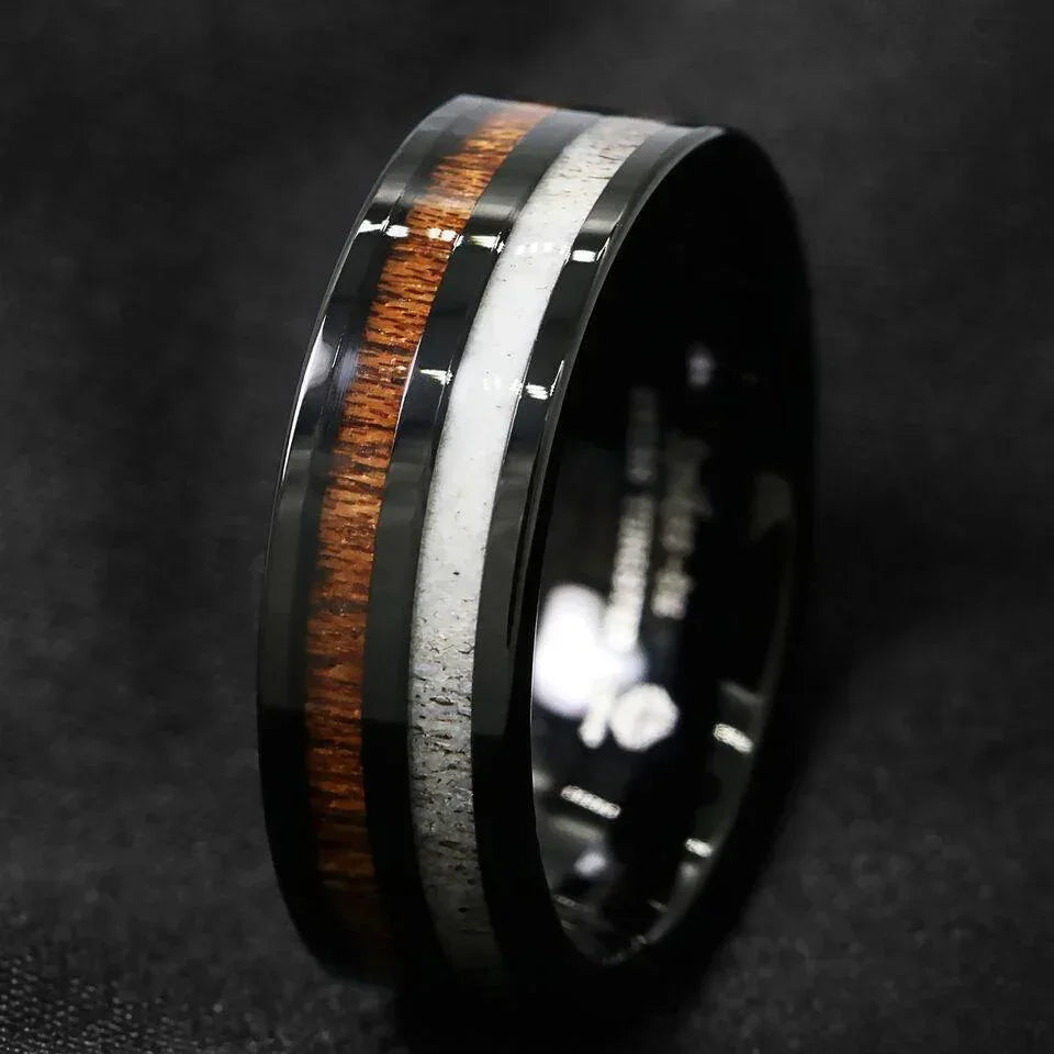 Tungsten Rings for Men Wedding Bands for Him Womens Wedding Bands for Her 8mm Black Antler and Koa Wood Inlay - Jewelry Store by Erik Rayo