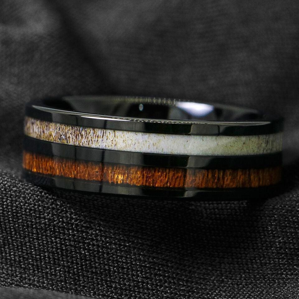 Tungsten Rings for Men Wedding Bands for Him Womens Wedding Bands for Her 8mm Black Antler and Koa Wood Inlay - Jewelry Store by Erik Rayo