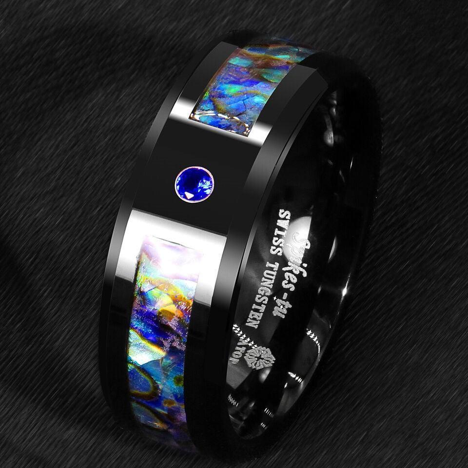 Tungsten Rings for Men Wedding Bands for Him Womens Wedding Bands for Her 8mm Black Blue Diamond Colored glaze Inlay - Jewelry Store by Erik Rayo