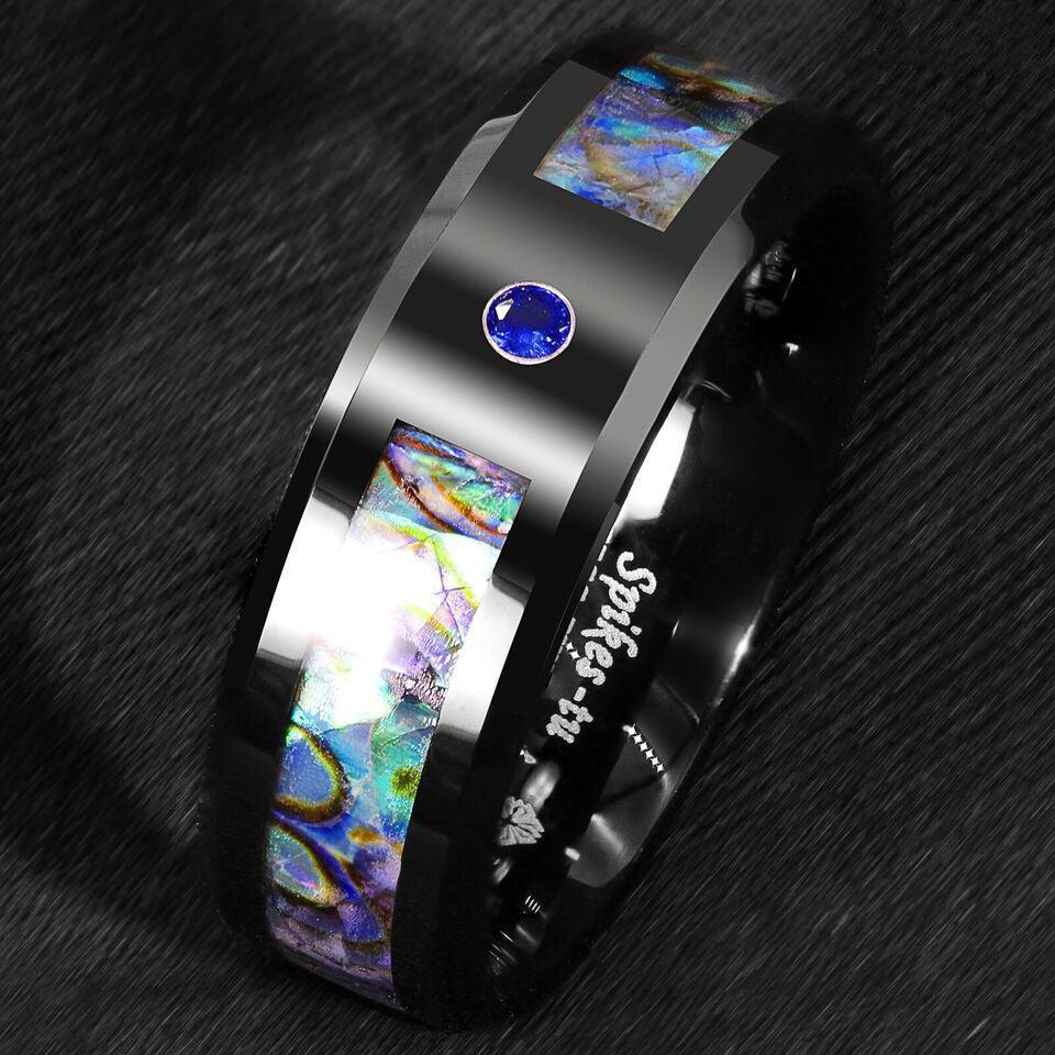 Tungsten Rings for Men Wedding Bands for Him Womens Wedding Bands for Her 8mm Black Blue Diamond Colored glaze Inlay - Jewelry Store by Erik Rayo