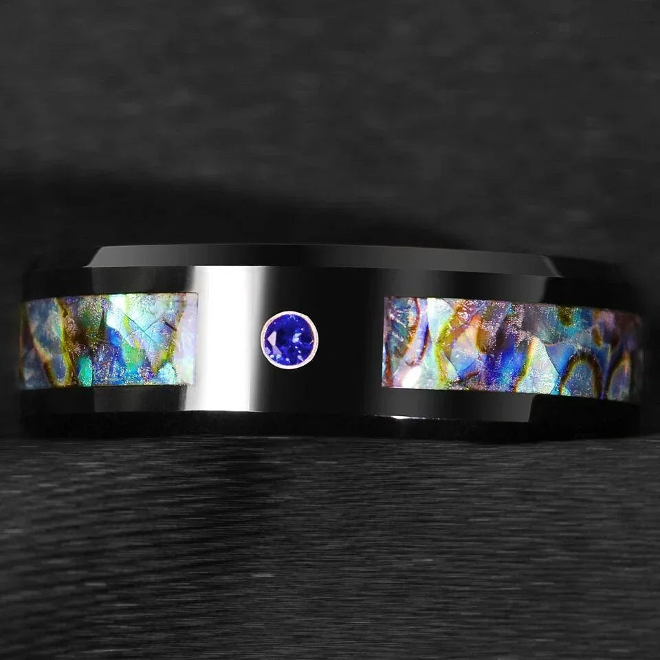 Tungsten Rings for Men Wedding Bands for Him Womens Wedding Bands for Her 8mm Black Blue Diamond Colored glaze Inlay - Jewelry Store by Erik Rayo