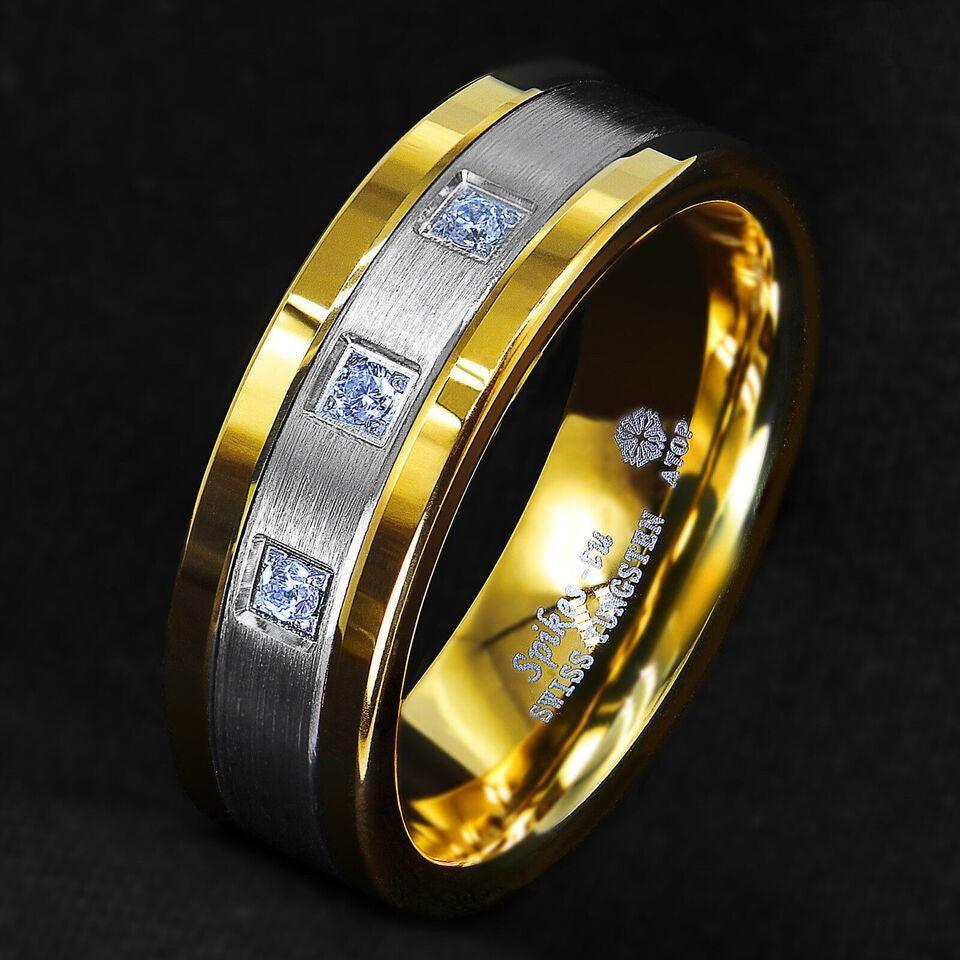 Tungsten Rings for Men Wedding Bands for Him Womens Wedding Bands for Her 8mm Silver Brushed 18K Gold Diamonds - Jewelry Store by Erik Rayo