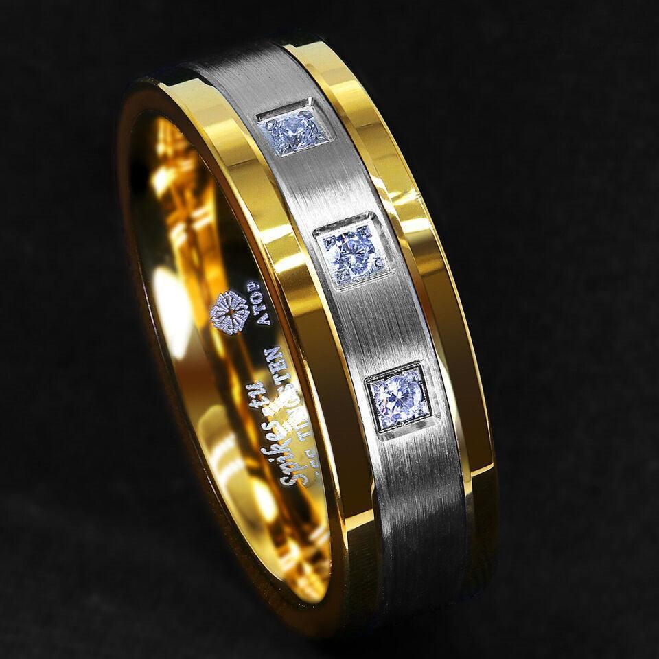 Tungsten Rings for Men Wedding Bands for Him Womens Wedding Bands for Her 8mm Diamond Gold Silver Brushed - Jewelry Store by Erik Rayo