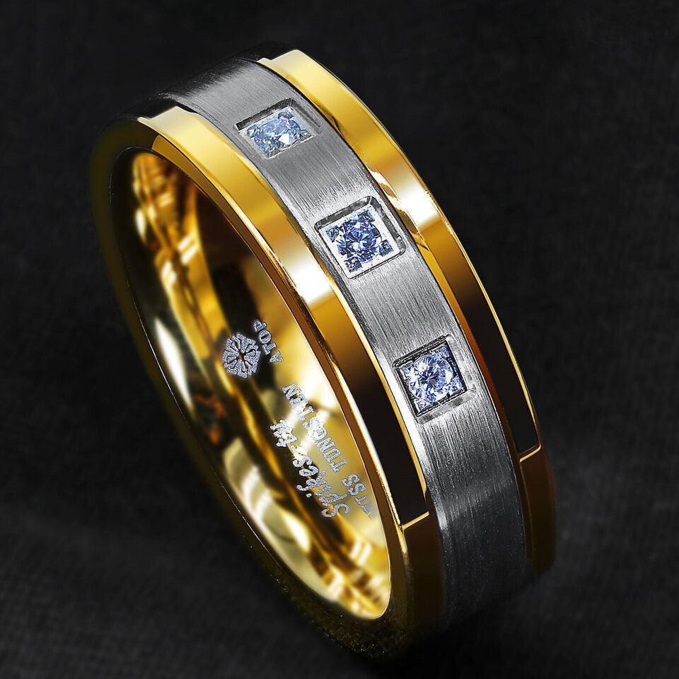 Tungsten Rings for Men Wedding Bands for Him Womens Wedding Bands for Her 8mm Silver Brushed 18K Gold Diamonds - Jewelry Store by Erik Rayo