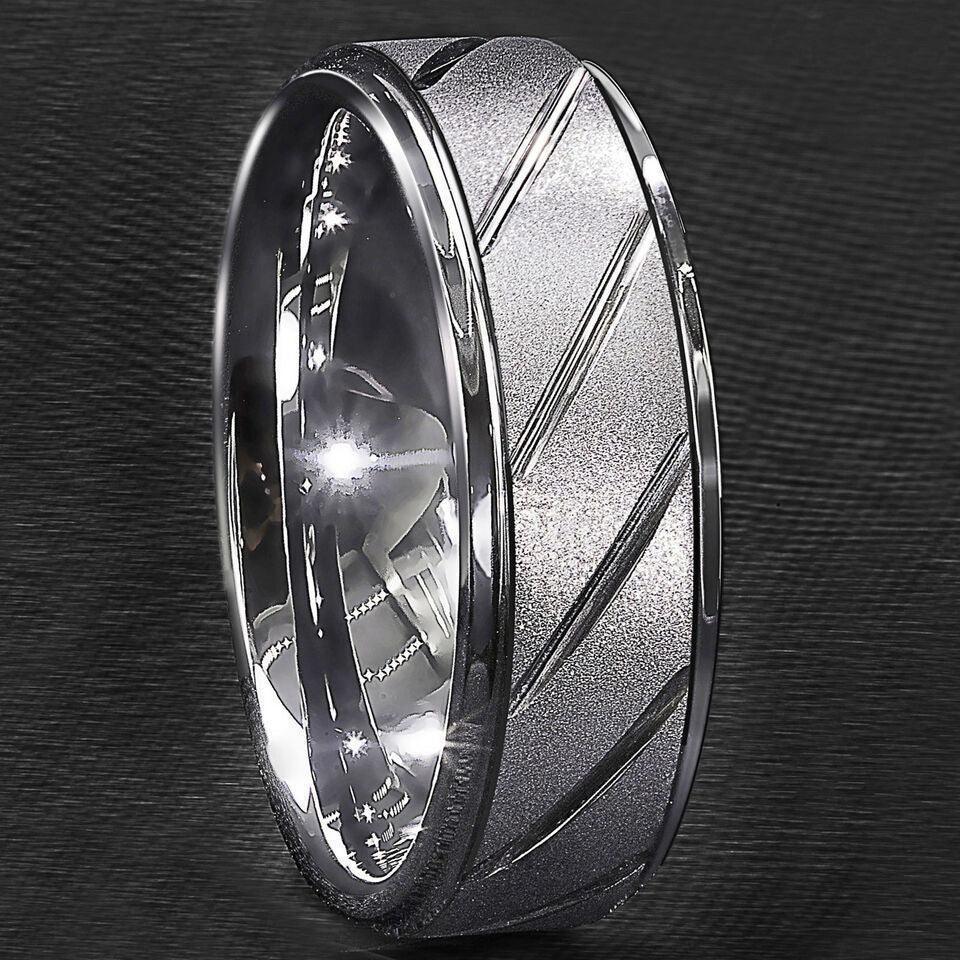 Tungsten Rings for Men Wedding Bands for Him Womens Wedding Bands for Her 8mm Silver Sandblasted Finish Groove - Jewelry Store by Erik Rayo