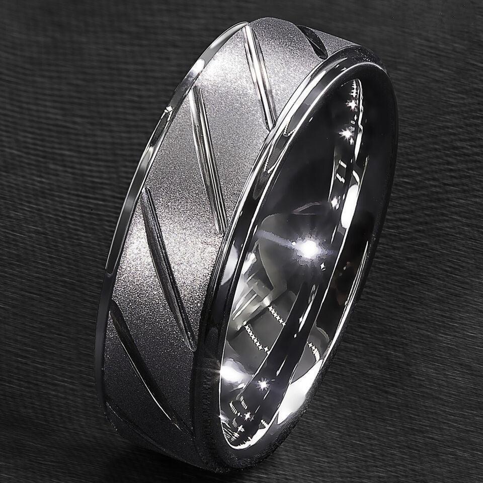 Tungsten Rings for Men Wedding Bands for Him Womens Wedding Bands for Her 8mm Silver Sandblasted Finish Groove - Jewelry Store by Erik Rayo