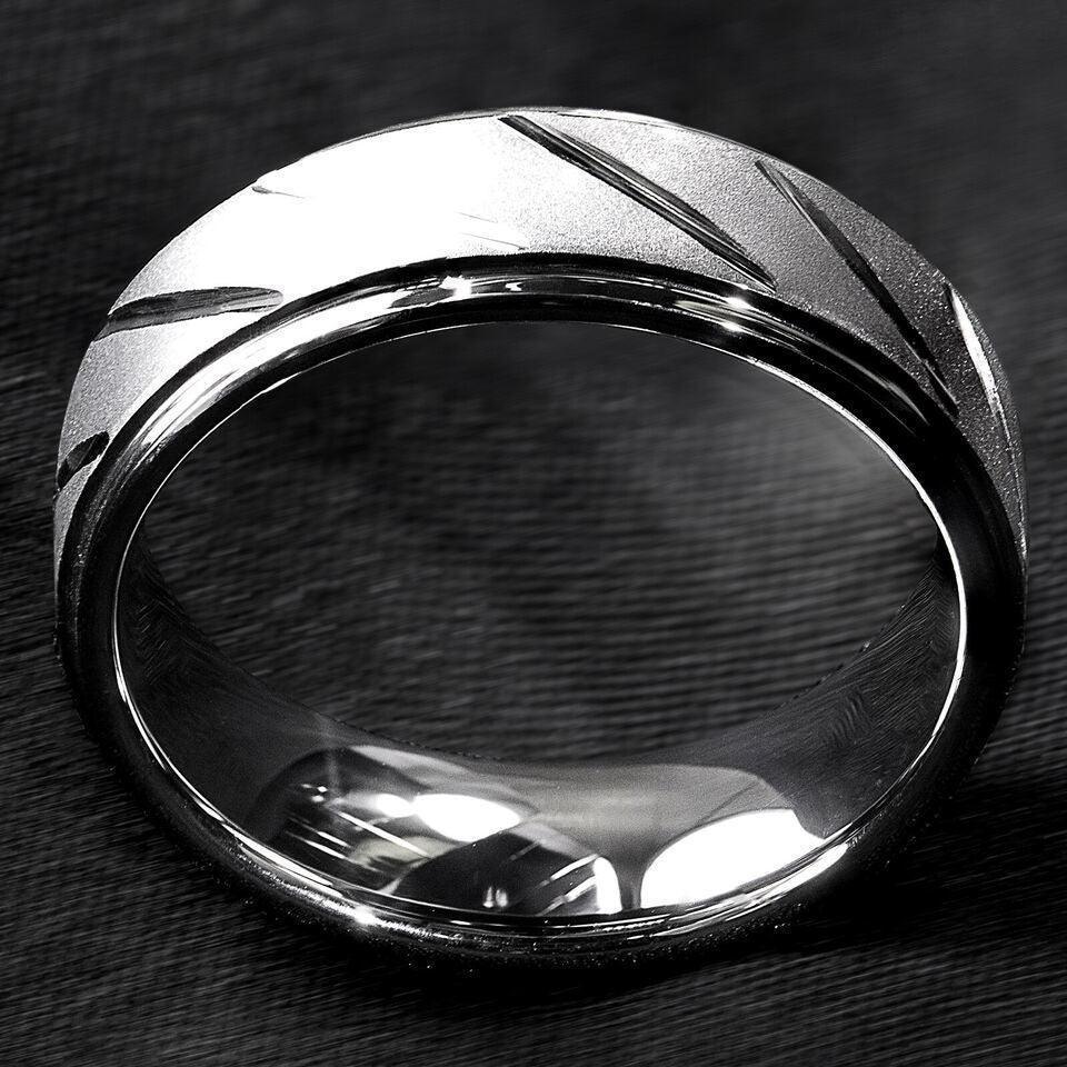 Tungsten Rings for Men Wedding Bands for Him Womens Wedding Bands for Her 8mm Silver Sandblasted Finish Groove - Jewelry Store by Erik Rayo