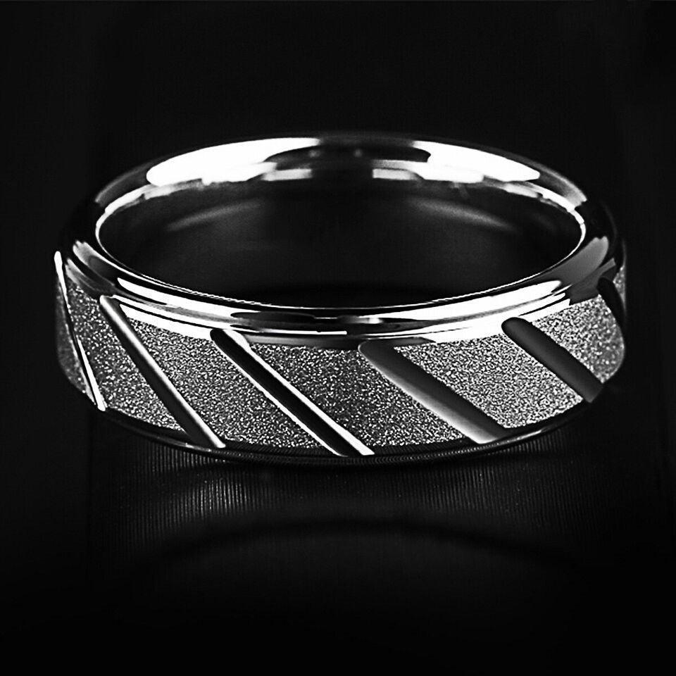 Tungsten Rings for Men Wedding Bands for Him Womens Wedding Bands for Her 8mm Silver Sandblasted Finish Groove - Jewelry Store by Erik Rayo