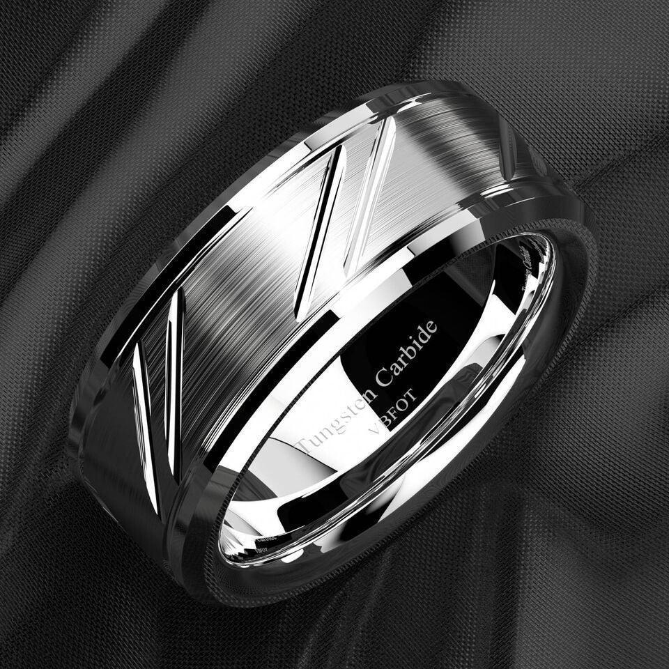 Tungsten Rings for Men Wedding Bands for Him Womens Wedding Bands for Her 8mm Silver Leaf New Brushed Style - Jewelry Store by Erik Rayo