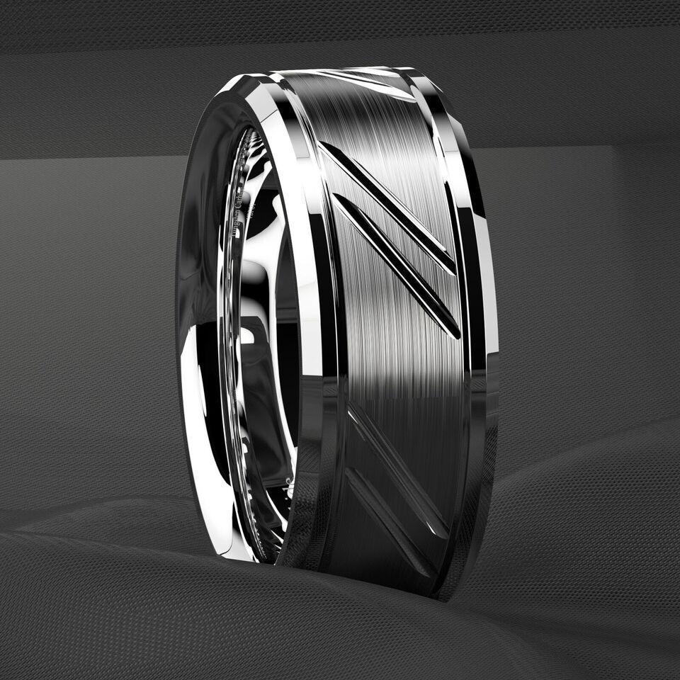 Tungsten Rings for Men Wedding Bands for Him Womens Wedding Bands for Her 8mm Silver Leaf New Brushed Style - Jewelry Store by Erik Rayo