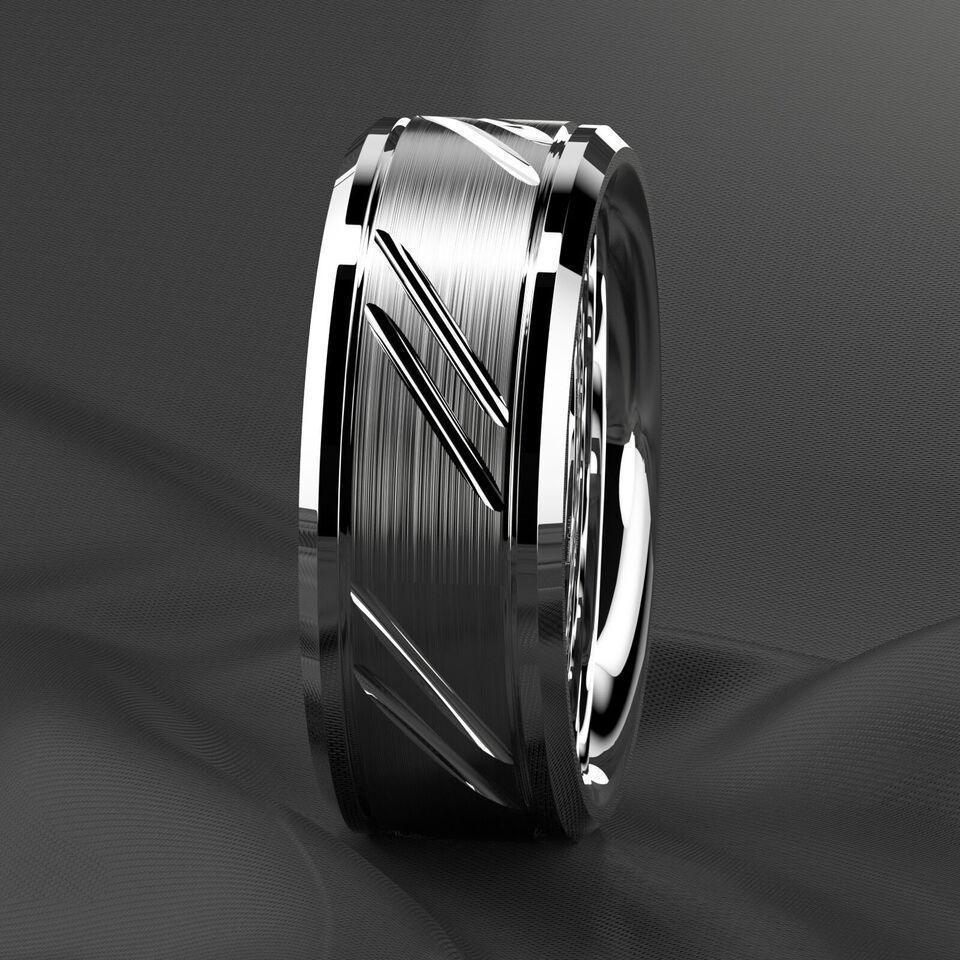 Tungsten Rings for Men Wedding Bands for Him Womens Wedding Bands for Her 8mm Silver Leaf New Brushed Style - Jewelry Store by Erik Rayo