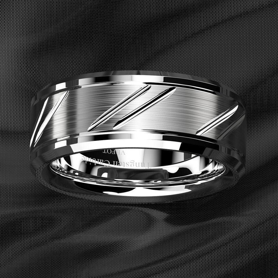 Tungsten Rings for Men Wedding Bands for Him Womens Wedding Bands for Her 8mm Silver Leaf New Brushed Style - Jewelry Store by Erik Rayo