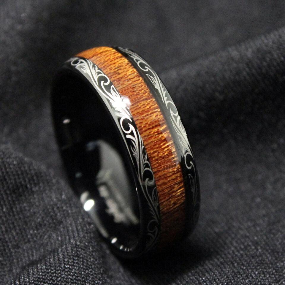 Tungsten Rings for Men Wedding Bands for Him Womens Wedding Bands for Her 8mm Black Koa Wood Inlay Dome Flower Design - Jewelry Store by Erik Rayo
