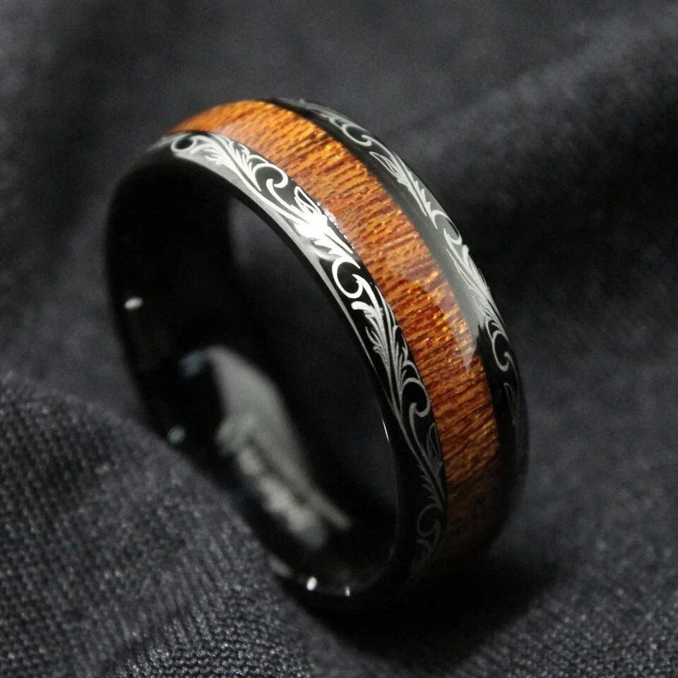 Tungsten Rings for Men Wedding Bands for Him Womens Wedding Bands for Her 8mm Black Koa Wood Inlay Dome Flower Design - Jewelry Store by Erik Rayo
