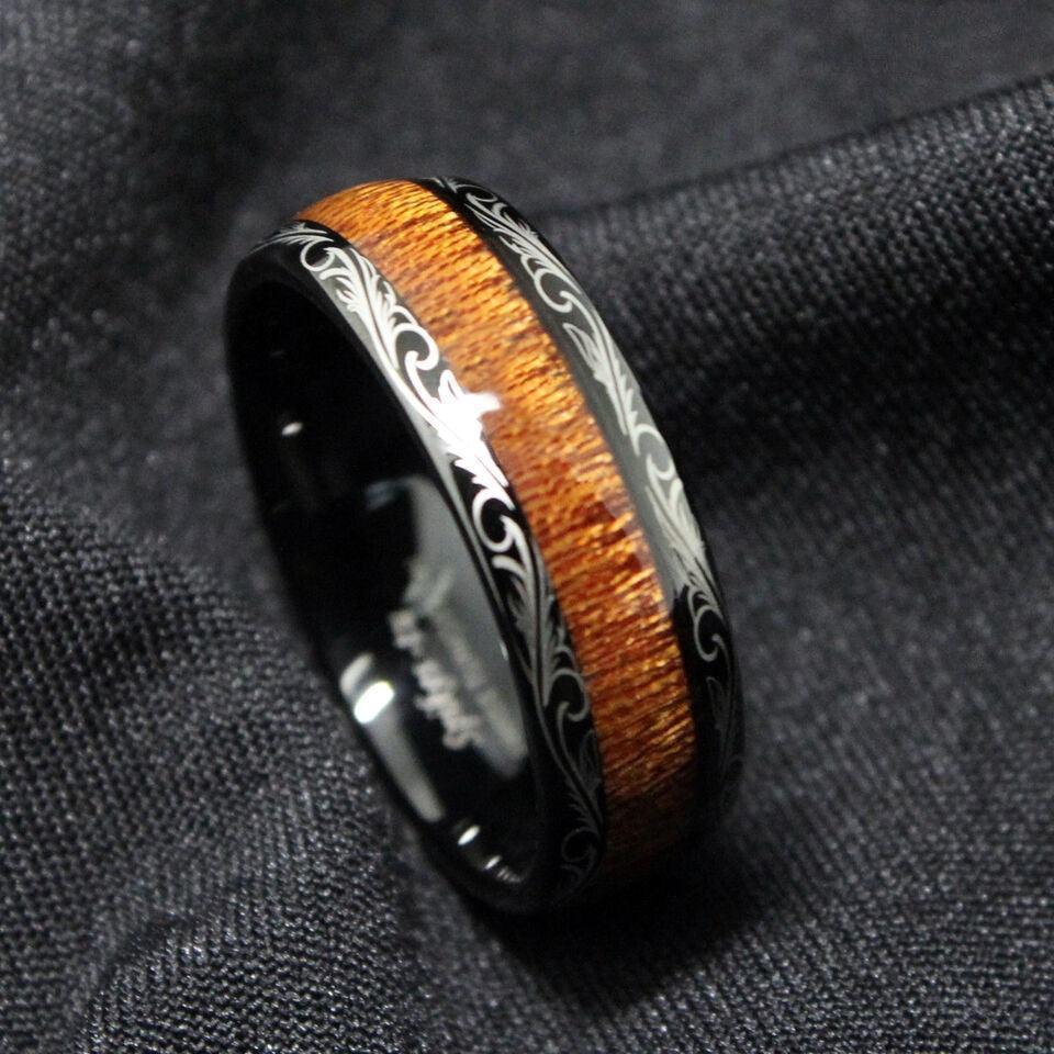 Tungsten Rings for Men Wedding Bands for Him Womens Wedding Bands for Her 8mm Black Koa Wood Inlay Dome Flower Design - Jewelry Store by Erik Rayo
