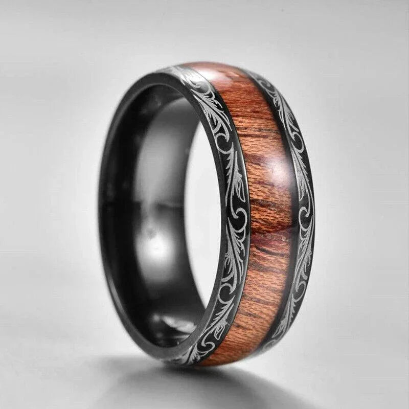 Tungsten Rings for Men Wedding Bands for Him Womens Wedding Bands for Her 8mm Black Koa Wood Inlay Dome Flower Design - Jewelry Store by Erik Rayo