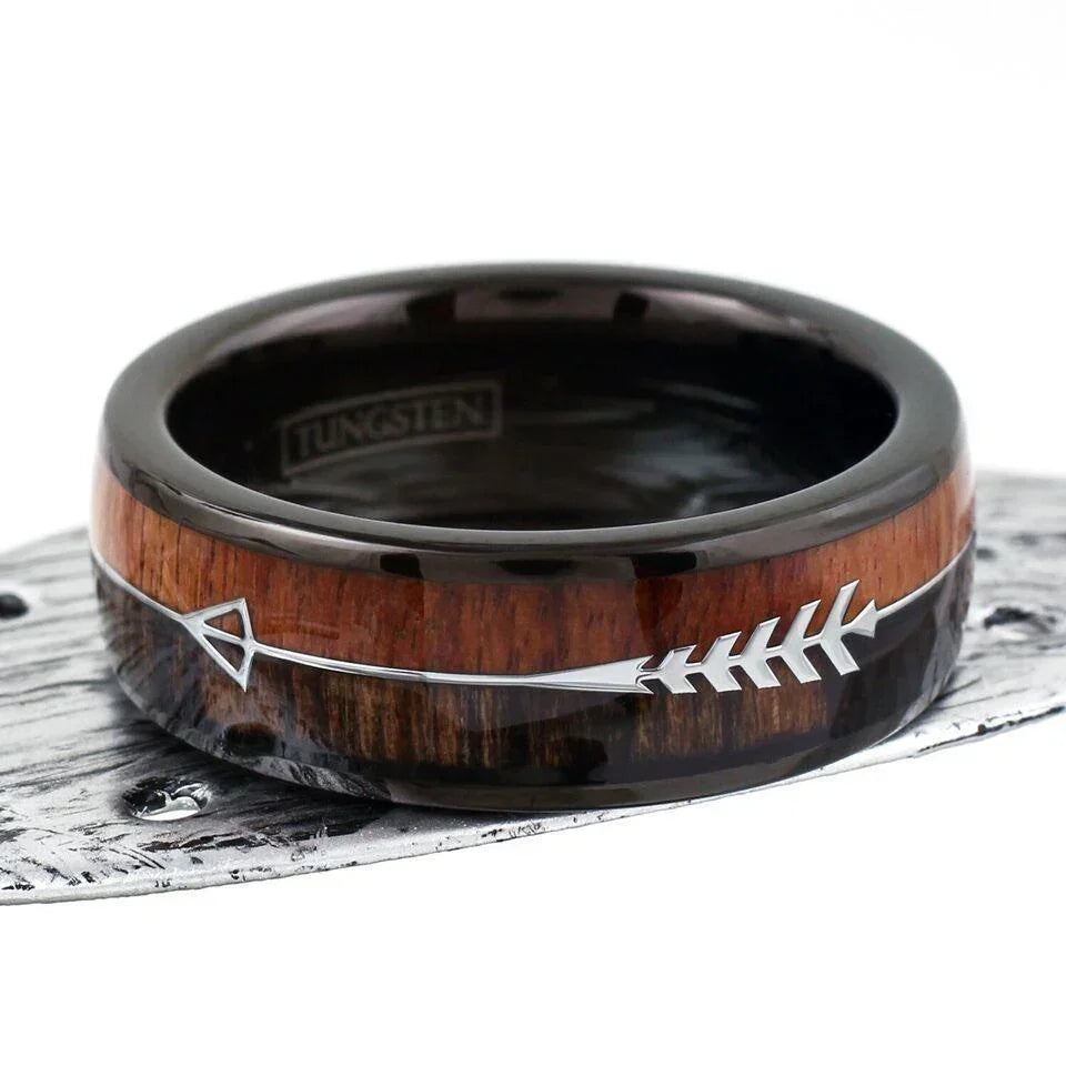 Tungsten Rings for Men Wedding Bands for Him Womens Wedding Bands for Her 8mm Black Dome Wood and Arrow - Jewelry Store by Erik Rayo
