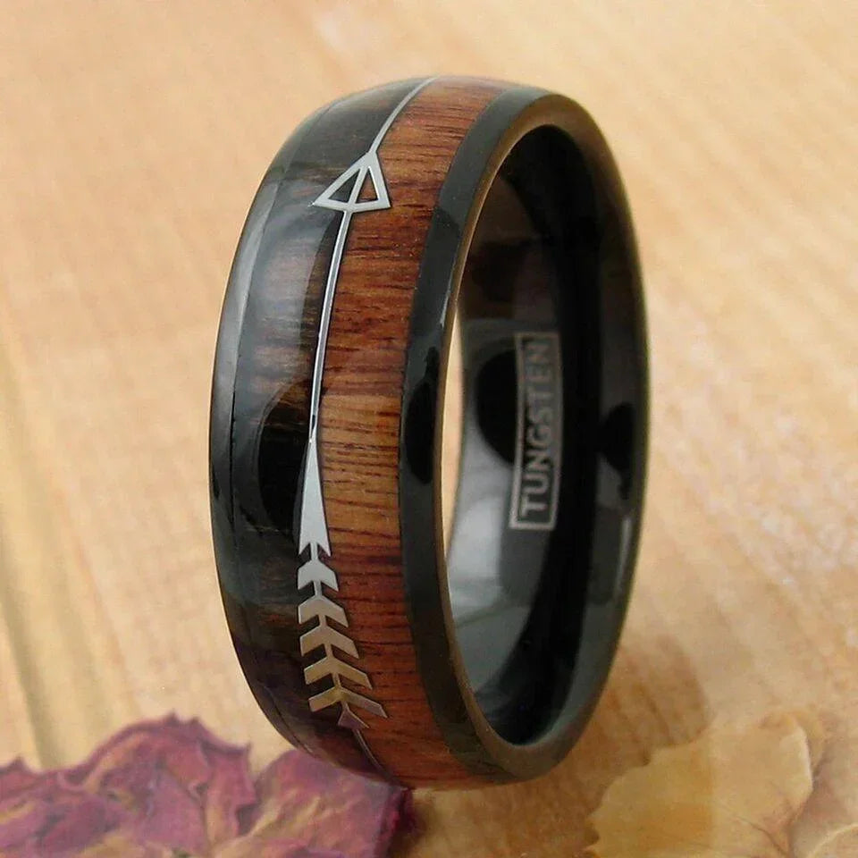 Tungsten Rings for Men Wedding Bands for Him Womens Wedding Bands for Her 8mm Black Dome Wood and Arrow - Jewelry Store by Erik Rayo