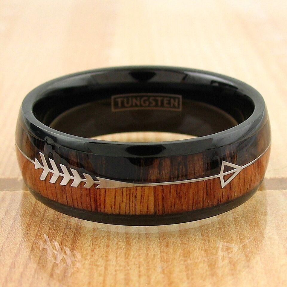 Tungsten Rings for Men Wedding Bands for Him Womens Wedding Bands for Her 8mm Black Dome Wood and Arrow - Jewelry Store by Erik Rayo