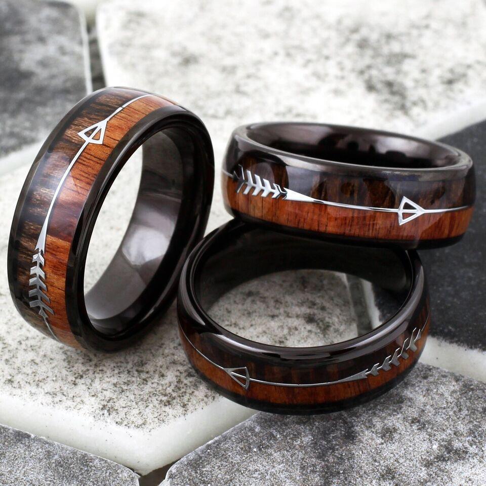 Tungsten Rings for Men Wedding Bands for Him Womens Wedding Bands for Her 8mm Black Dome Wood and Arrow - Jewelry Store by Erik Rayo